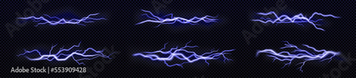 Set of blue lightning or thunderbolt effects png isolated on transparent background. Realistic vector illustration of neon glowing electric strike, power discharge, crack, impact, magic energy flash