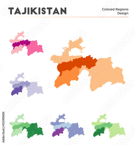 Tajikistan map collection. Borders of Tajikistan for your infographic. Colored country regions. Vector illustration.