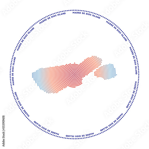 Madre de Dios Island round logo. Digital style shape of Madre de Dios Island in a dotted circle with the island name. Tech icon of the island with gradient dots. Awesome vector illustration.