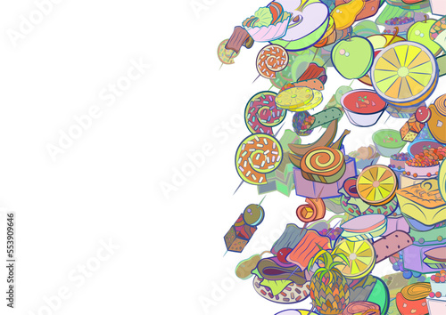 Background pattern abstract design texture. Snacks and Fruits. Vertical seamless stripe. Border frame, transparent background. Theme is about fish, sandwich, cheese, bananas, onigiri, branch