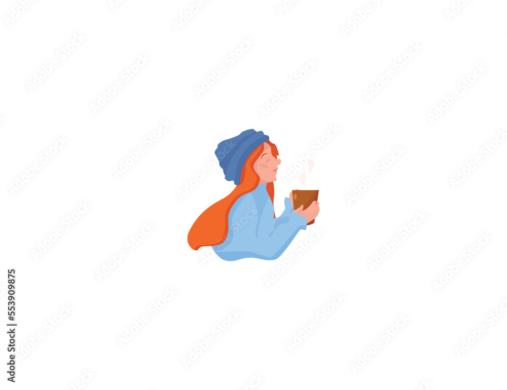 Winter scene girl with bright hair in blue and with cup of coffee in hand Winter scene girl with bright hair in blue and with cup of coffee in hand