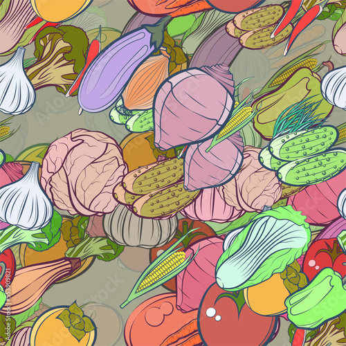 Background pattern abstract design texture. Seamless. Health food. Theme is about carrot, vegetable, in the peel, pods, whole garlic, tomato, egg, the harvest, dye, healthy food, vitamin C