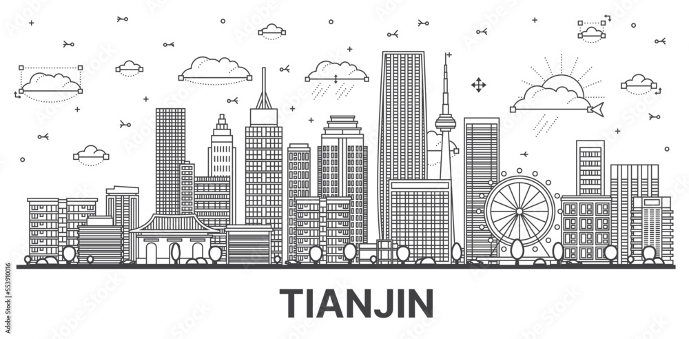 Outline Tianjin China City Skyline with Modern Buildings Isolated on White.
