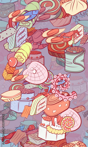 Background pattern abstract design texture. Seamless. Seafood and Snacks. Theme is about cheese, sea, tentacle, sandwich, satiety, cherry, cream, filling, dough, oceanic, stick, crab, star