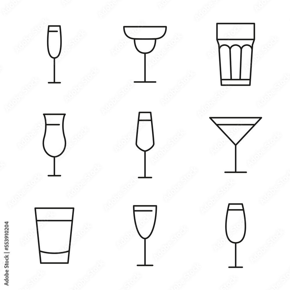 Vector set of bar alcohol glasses. Thin line. Editable stroke. Vector set of bar alcohol glasses. Thin line. Editable stroke.