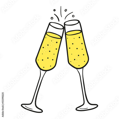 Vector icon of two glasses of champagne hand drawn in doodle style. Symbol of holiday and congratulations.