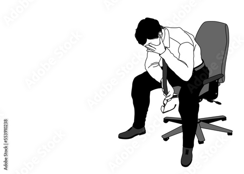 椅子に座り落ち込む男性会社員のイラスト ストレスや失敗に悩むビジネスマンの姿