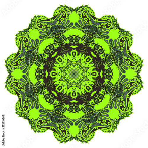 Mandala. Tracery wheel image. Mehndi design. Dark toxic colors. Ethnic doodle art. Curved doodling picture. Vector
