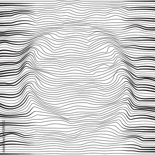Distorted wave monochrome texture. Abstract dynamical rippled surface. Vector stripe deformation background. Mesh, grid pattern of lines. Black and white illustration.