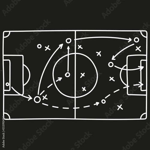 Football field with tactics scheme and game strategy arrows. Vector background with soccer pitch. Hand drawn playbook.