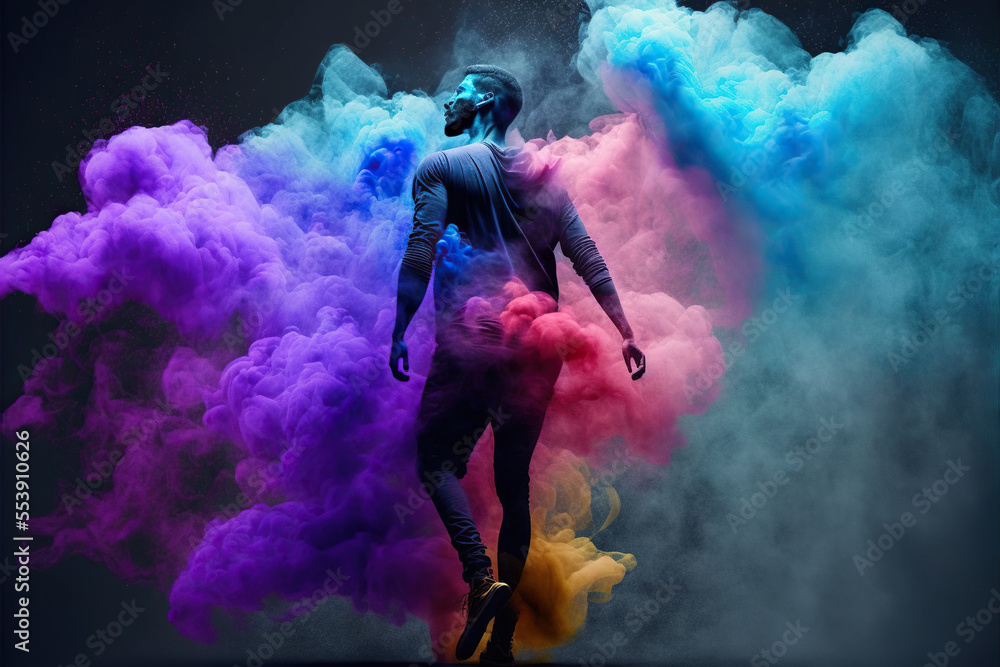 fictional man with a beard dancing in colorful abstract smoke from a smoke grenade (generative ai)