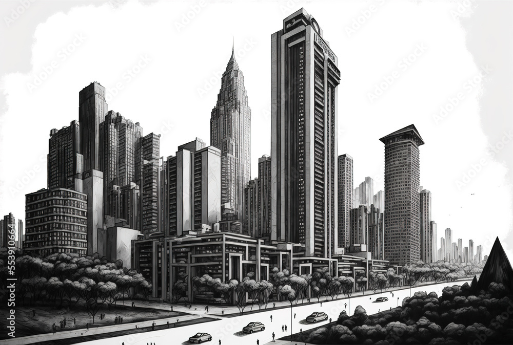 Fototapeta premium a large metropolis with contemporary buildings that is hand drawn. Generative AI