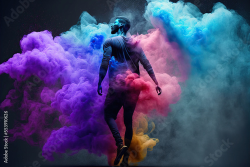 fictional man with a beard dancing in colorful abstract smoke from a smoke grenade (generative ai) © Imagination Station