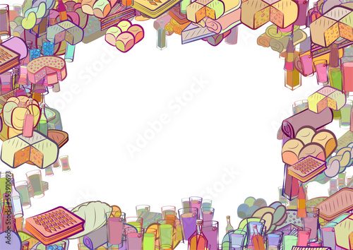 Background pattern abstract design texture. Bakery products and Alcohol. Border frame, transparent background. Theme is about pie, women's cocktail, Russian, molded, lush, expensive alcohol