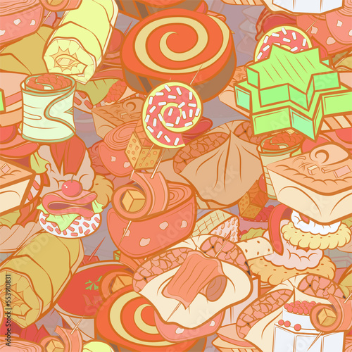 Background pattern abstract design texture. Seamless. Snacks. Theme is about caramel, strung up, fish, marshmallows, mini cake, star, cherry, sweetness, salad, cheese, roll, sugar, sweet