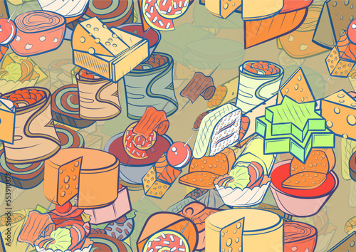 Background pattern abstract design texture. Seamless. Snacks and Cheeses. Theme is about topping, liquids, a circle, chunks, loaf, stuffed cabbage, wrapped up, wand, triangle, sugar, lettuce leaf