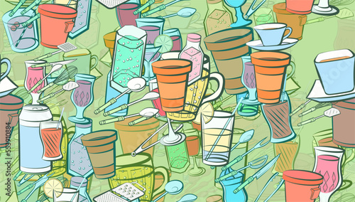 Background pattern abstract design texture. Seamless. Drinks and Cutlery. Theme is about scooped, glass, scoop, hot drink, cherries, Martini, cardboard, grater, cocktail, bubbles, lemon