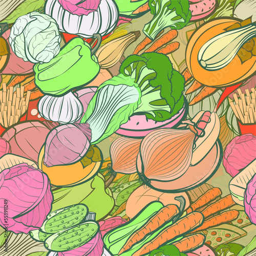 Background pattern abstract design texture. Seamless. American food and Health food. Theme is about carrot, hamburger, pizza, vegetables, satisfying, onion feathers, dye, vitamin C, head of cab