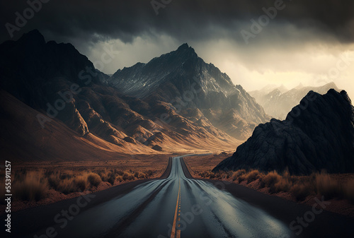 Beautiful photograph of a drab, deserted road in a mountainous area. Generative AI