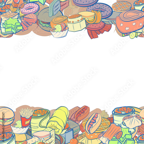 Background pattern abstract design texture. American food and Snacks. Horizontal seamless stripes. Border frame, transparent background. Theme is about cutlet, covered, donut, wand, salad
