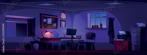 Police department office interior at night. Empty dark room in police station with desk with computer and lamp, window to interrogation room and blackboard, vector cartoon illustration