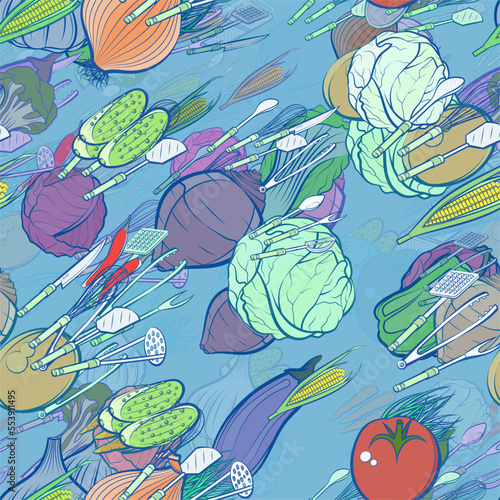 Background pattern abstract design texture. Seamless. Cutlery and Health food. Theme is about a stack, vitamin C, spatula, nutritious, spring onions, scooped, Chinese cabbage, pimples, red cabbage
