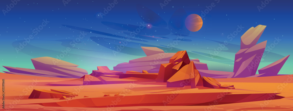 Desert landscape of Mars surface at night. Alien planet nature scene ...