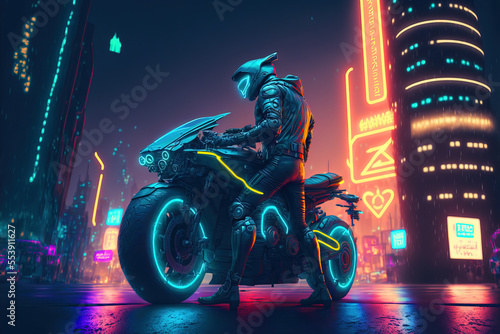 Biker on an Futuristic motorcycle. Evening futuristic city in background. Neon urban future. Wallpaper in a cyberpunk style. Digital art 