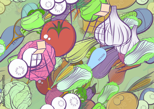 Background pattern abstract design texture. Seamless. Tennis and Health food. Theme is about pepper, case, persimmon, net, small, table, game, observer, tennis balls, egg, broccoli, tennis racket