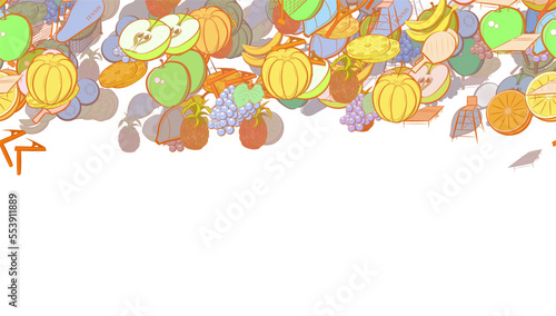 Background pattern abstract design texture. Tennis and Fruits. Horizontal seamless stripe. Border frame, transparent background. Theme is about pin, sports judge, mini-tennis, observer, ping-pong