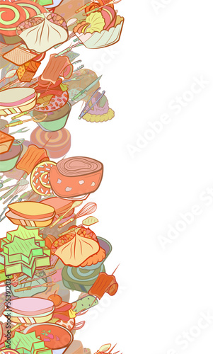 Background pattern abstract design texture. Cutlery and Snacks. Vertical seamless stripe. Border frame, transparent background. Theme is about caramel, topping, caviar, liquids, sweet, borscht