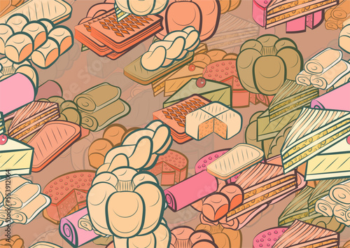 Background pattern abstract design texture. Seamless. Bakery products. Theme is about saturated with filling, roll, cut, sandwich, round, filling, bakery, sennit, common, pancakes, two-layer