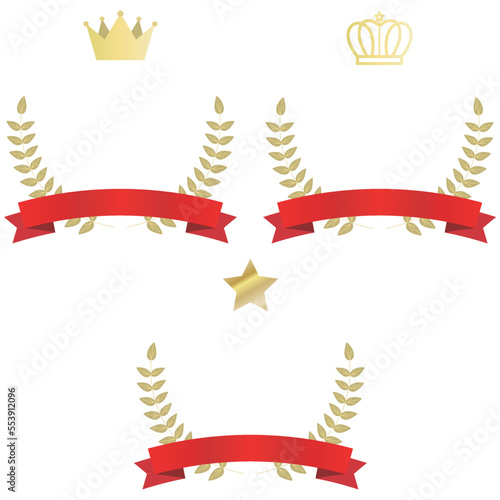 Illustrated set of gold laurels with red ribbon.