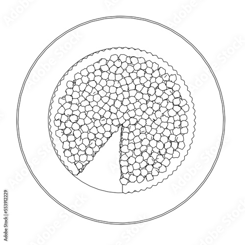 The contour of a pie with berries with a cut piece on a plate from black lines isolated on a white background. View from above. 3D. Vector illustration.