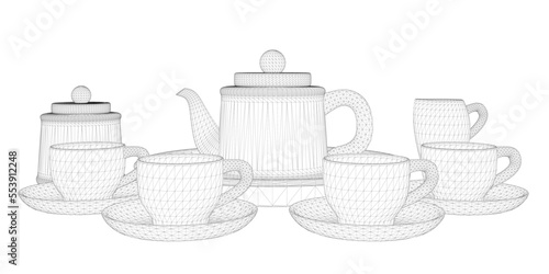 Tea set wireframe with cups and teapot from black lines isolated on white background. Front view. 3D. Vector illustration.