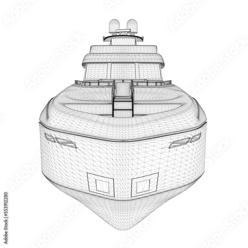 Wireframe of a large luxury yacht from black lines isolated on a white background. Front view. 3D. Vector illustration.