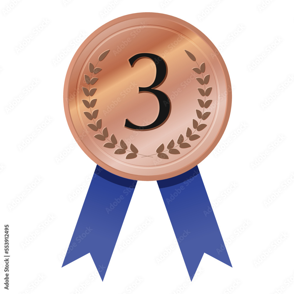 Icon Illustration of bronze medal with blue ribbon. Icon Illustration of bronze medal with blue ribbon.
