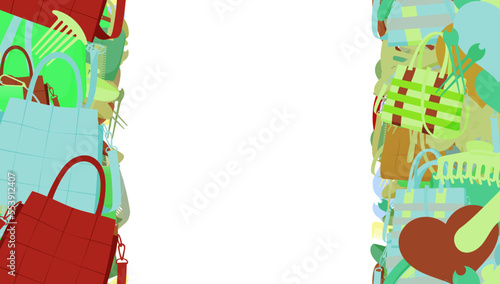 Background pattern abstract design texture. Vertical seamless stripes. Border frame, transparent background. Theme is about handbag, hearts, girl, comb, lady, accessories, content, hairpin