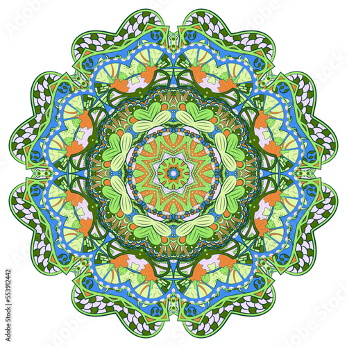 Mandala. Tracery wheel image. Mehndi design. Ethnic doodle art. Curved doodling picture. Vector
