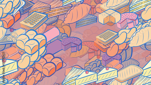Background pattern abstract design texture. Seamless. Bakery products. Theme is about braid, twist, waffles, dissected, biscuit, a stack, cheesecake, spicy, cheese, strudel, sennit, mini buns