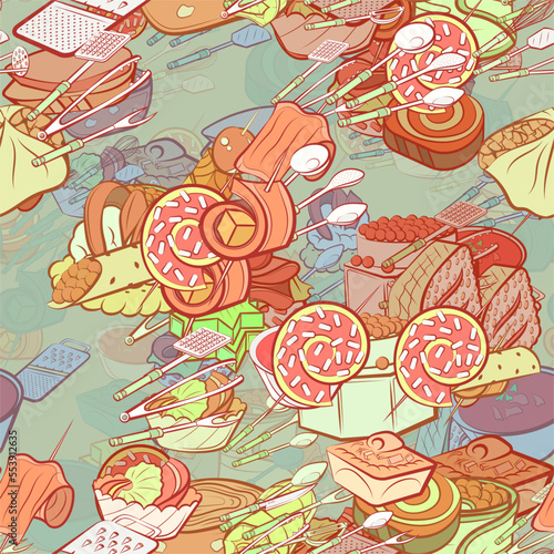 Background pattern abstract design texture. Seamless. Snacks and Cutlery. Theme is about cucumber, star, caramel, kitchen knife, strung up, meat, snack, roll, sandwich, sweet, bacon, masher