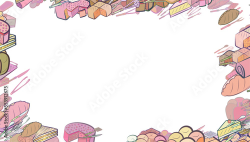 Background pattern abstract design texture. Cutlery and Bakery products. Border frame, transparent background. Theme is about pancakes, strudel, lush, cherry, bread, divided, braid, meat fork