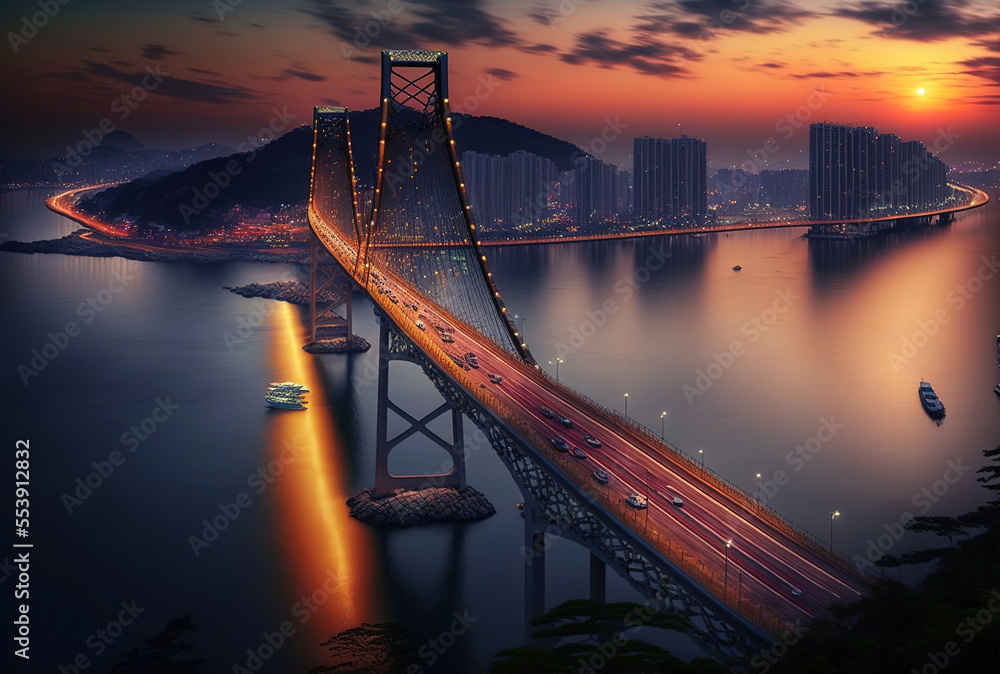 Busan, Korea's Gwangan Bridge and Haeundae. Generative AI - obrazy, fototapety, plakaty 