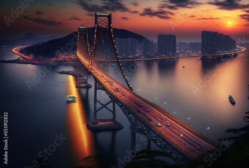 Busan, Korea's Gwangan Bridge and Haeundae. Generative AI