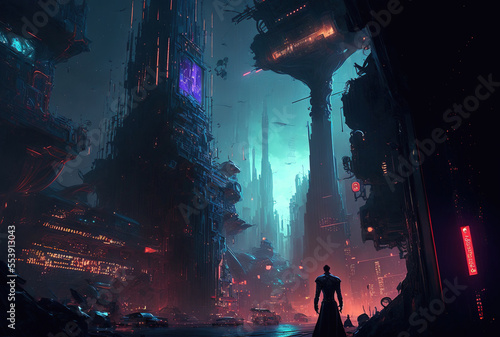 future science fiction idea of a cyberpunk city. Generative AI © 2rogan