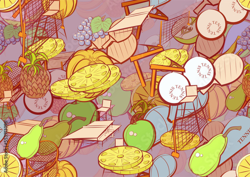 Background pattern abstract design texture. Seamless. Tennis and Fruits. Theme is about slices, pineapple, branch, peel, balls, case, net, fruit, cut, half, fetus, table, orange, lathing