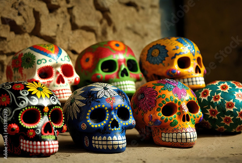 Mexicans celebrate the dead with colorful skulls. Generative AI