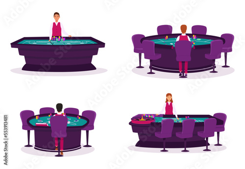 Tables for poker, blackjack, craps and roulette. Croupier in a casino for different types of gambling vector set. Casino, gaming house flat illustration. Casino interior decor. Gambling industry. For