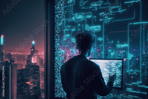 A fintech programmer using big data technology to create futuristic technologies at night while an AI engineer using cloud computing and software developer verifying information databases. Generative