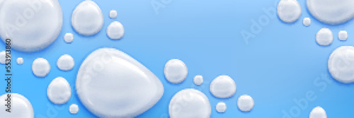 Cream or milk drops on blue background, scatter spherical white bubbles with glossy texture on horizontal backdrop. Template for beauty product, skincare cosmetic production Realistic 3d vector design